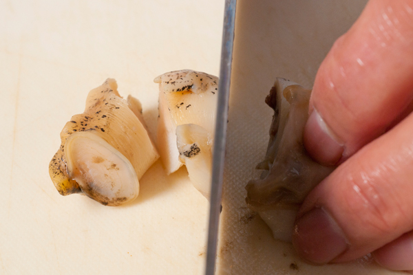 海水程度（3％程度）の塩水に数時間バイ貝をつけて砂を吐かせ、たわし等で貝殻を綺麗に洗う。バイ貝を水から茹でて沸騰したら火を止め、10分ほど放置する。貝から身を取り出し、1個3等分ぐらいに切る。（口と卵管、唾液腺は取り除く）